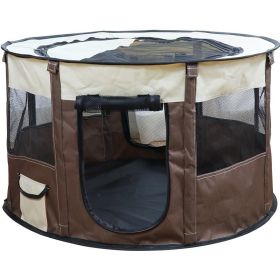 Portable Pet Soft Playpen, Pop up Tent Indoor & Outdoor Use Durable Paw Kennel Cage, Waterproof Bottom Removable Top Puppy Pen (Color: brown)