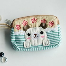 [Cute Dog] Embroidered Applique Fabric Art Wallet Purse/ Pouch Bag (5.1 X 3.9 X 1.1 inches) (SKU: KTFK-THH498-MINT)
