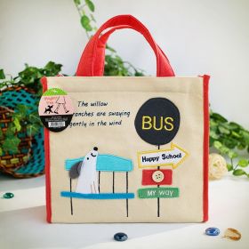 [Dog At Bus Stop] Embroidered Applique Fabric Art Lunch Tote / Lunch Box Bag  (8.7*8*4.4) (SKU: KT-BE-32-RED)